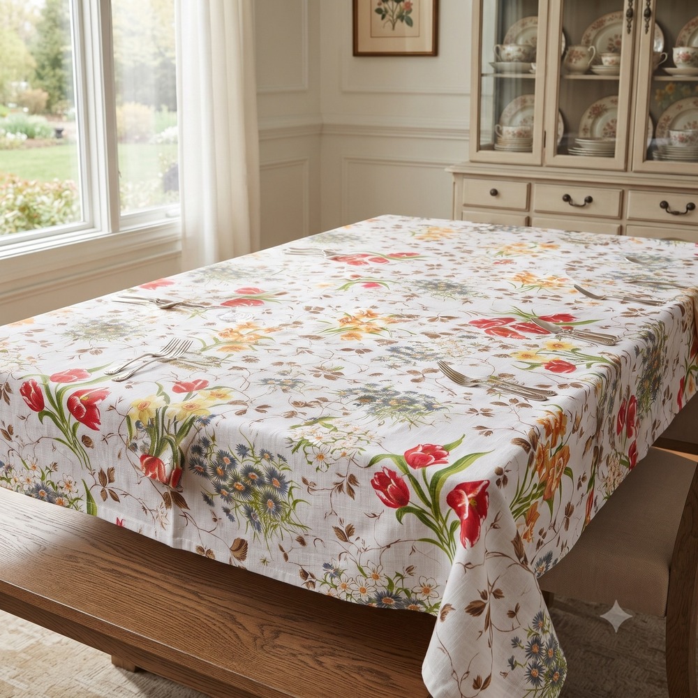 Vintage Floral Tablecloth 72x50 Red Tulips Daffodils Retro Botanical Print